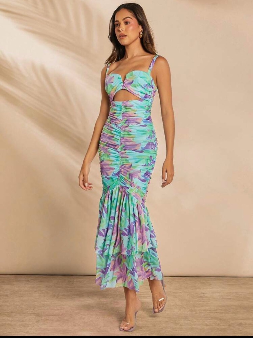 SHEIN Mint and Lavender Floral Ruched Midi Dress with Cutout